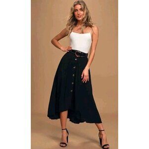 Lulus Asymmetric Flowy Chic Night Out High Waisted Full Midi Skirt Small Black